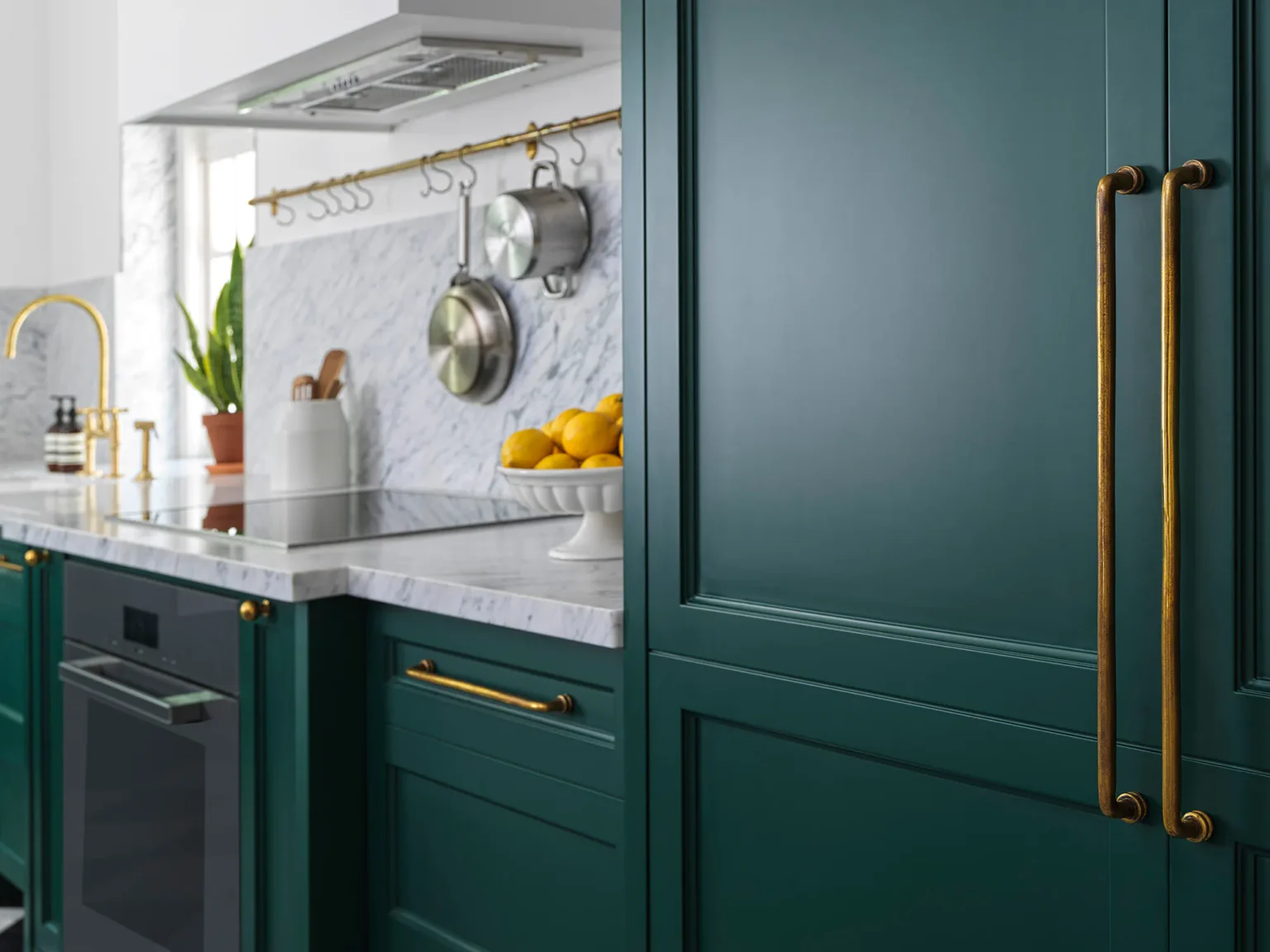 Full-height green furniture-style cabinetry beside the oven and marble counters