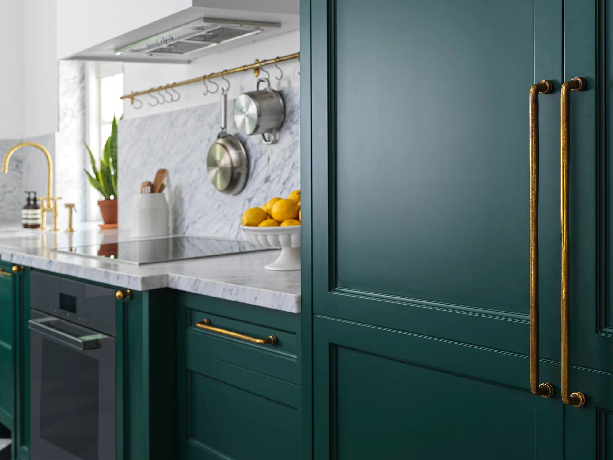 Full-height green furniture-style cabinetry beside the oven and marble counters
