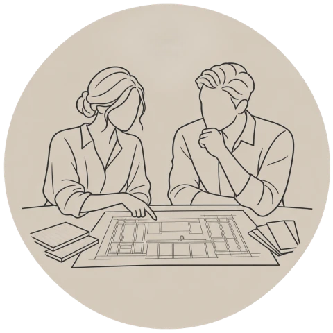 Illustration of an AWDS designer and client in an initial consultation
