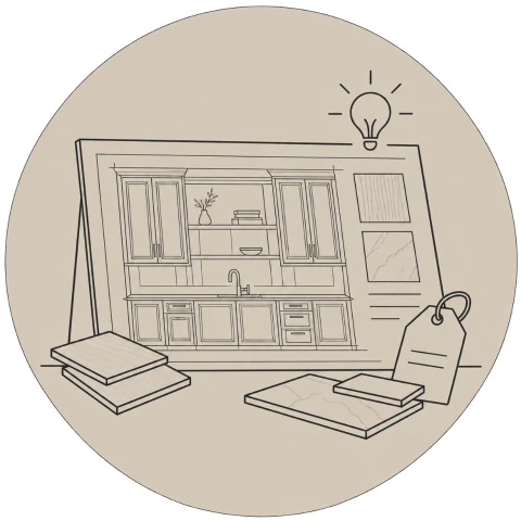 Illustration of a cabinetry concept presentation with material samples