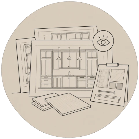 Illustration of cabinetry design drawings and material selections