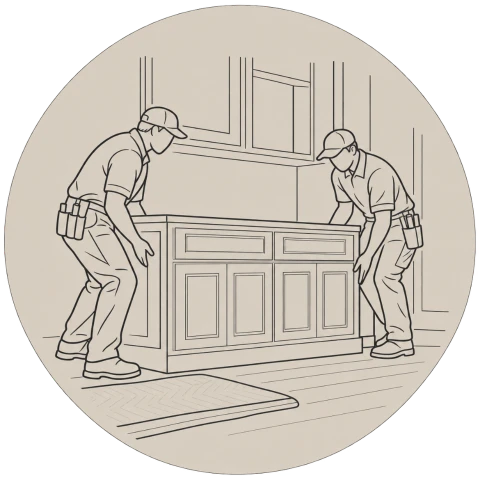 Illustration of AWDS installers placing cabinetry