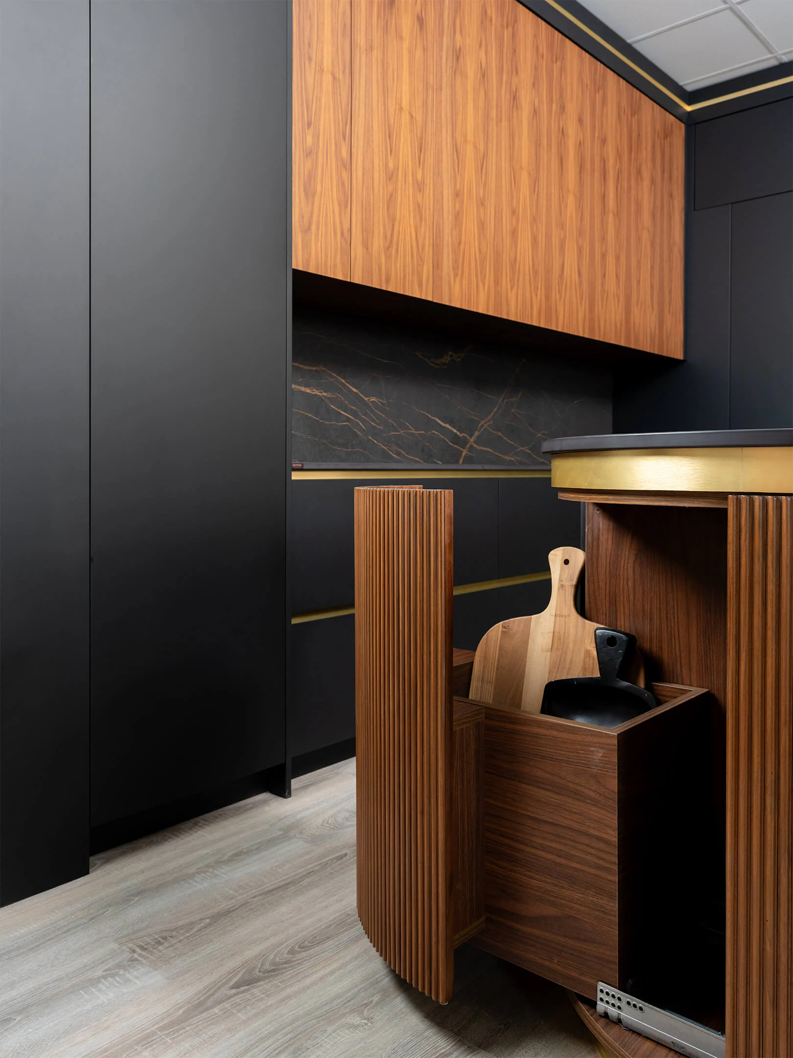 Walnut pull-out storage with a cutting board