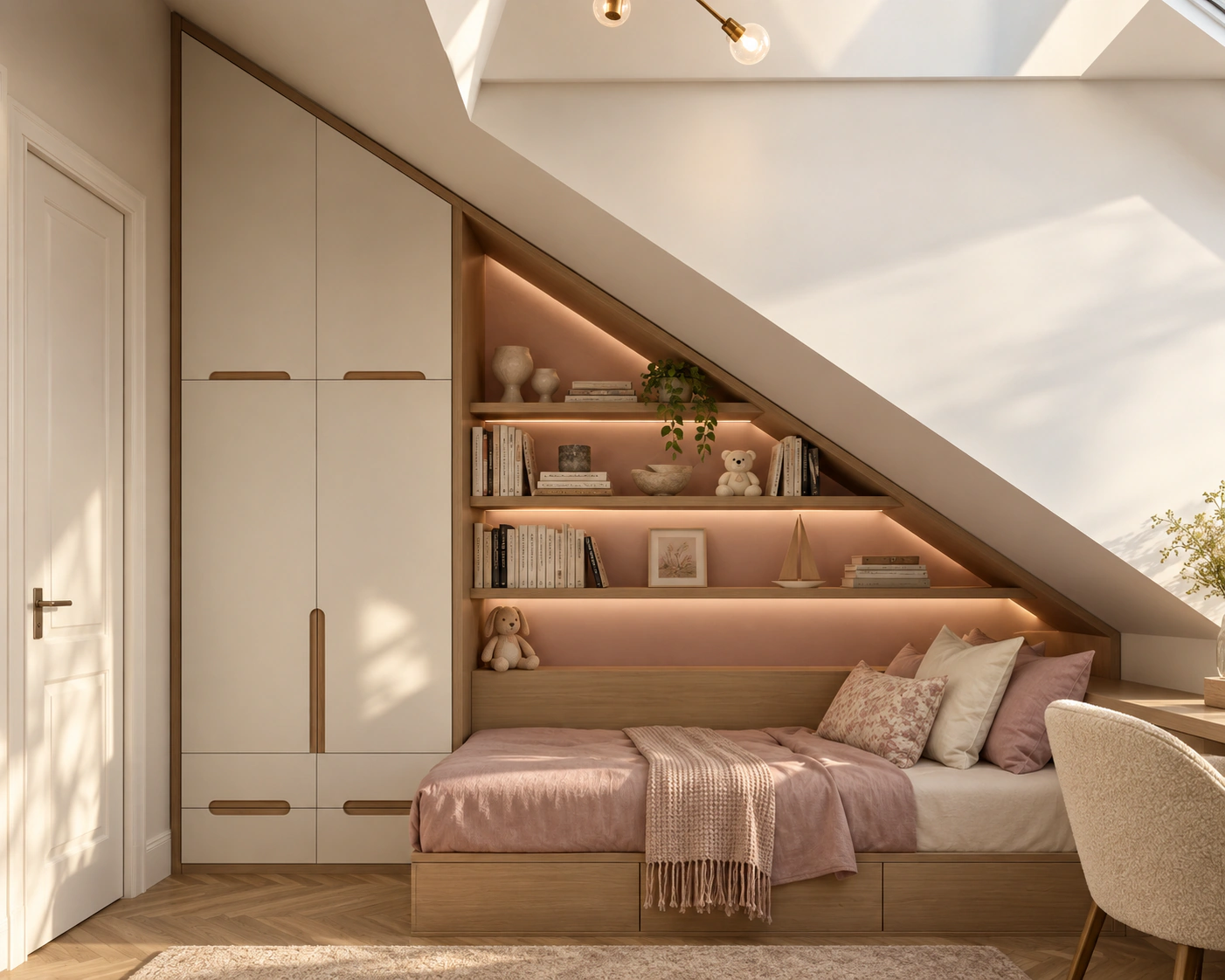 Custom bedroom built-in cabinetry designed around a sloped ceiling