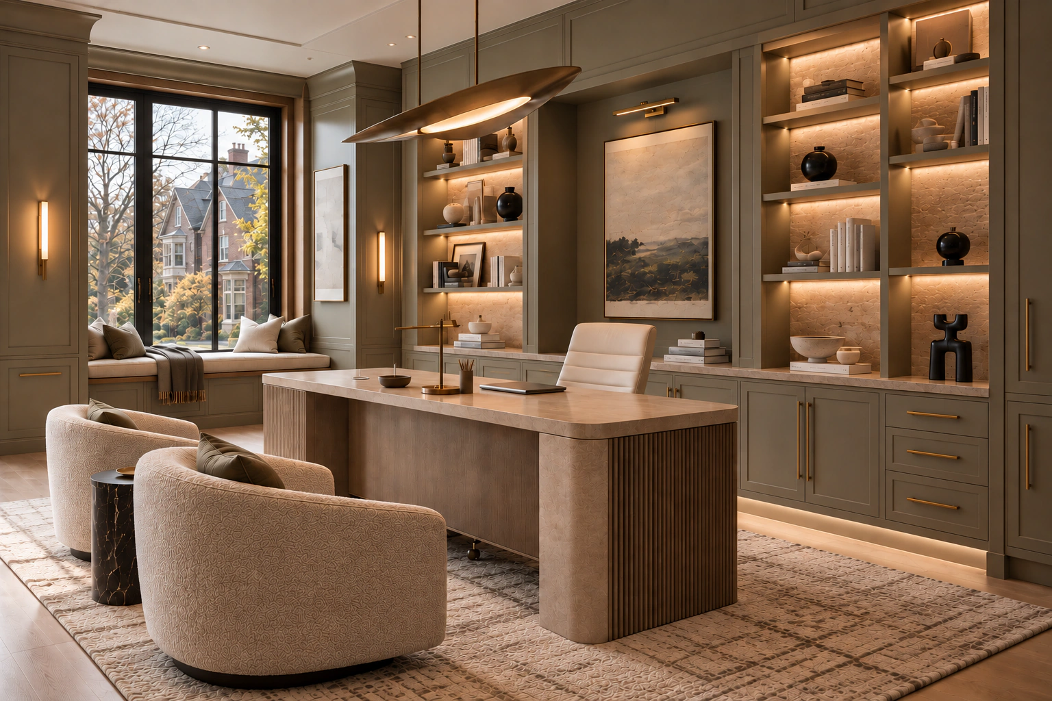 Custom home office with built-in cabinetry and library shelving