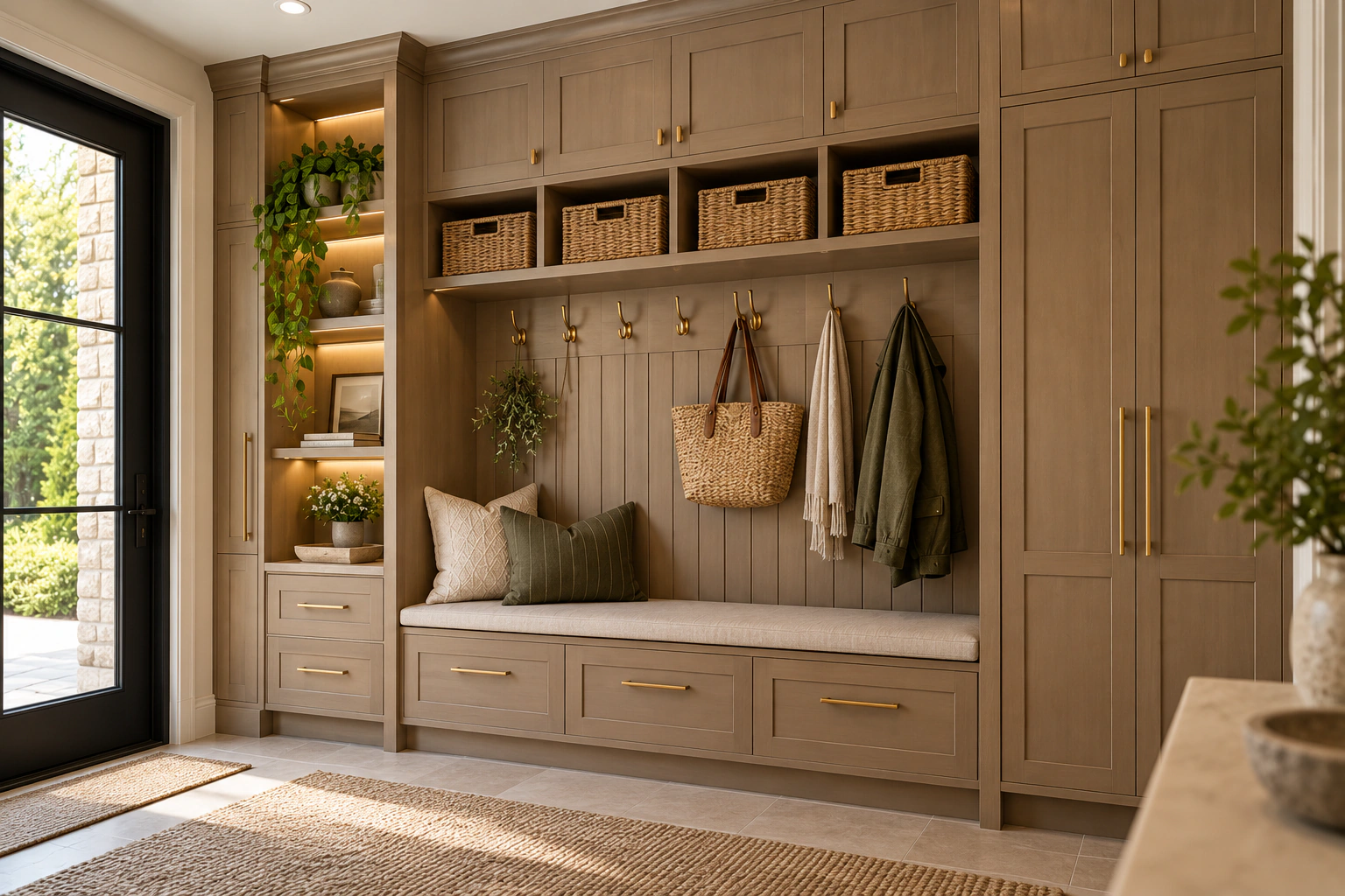 Custom mudroom cabinetry with integrated storage and seating