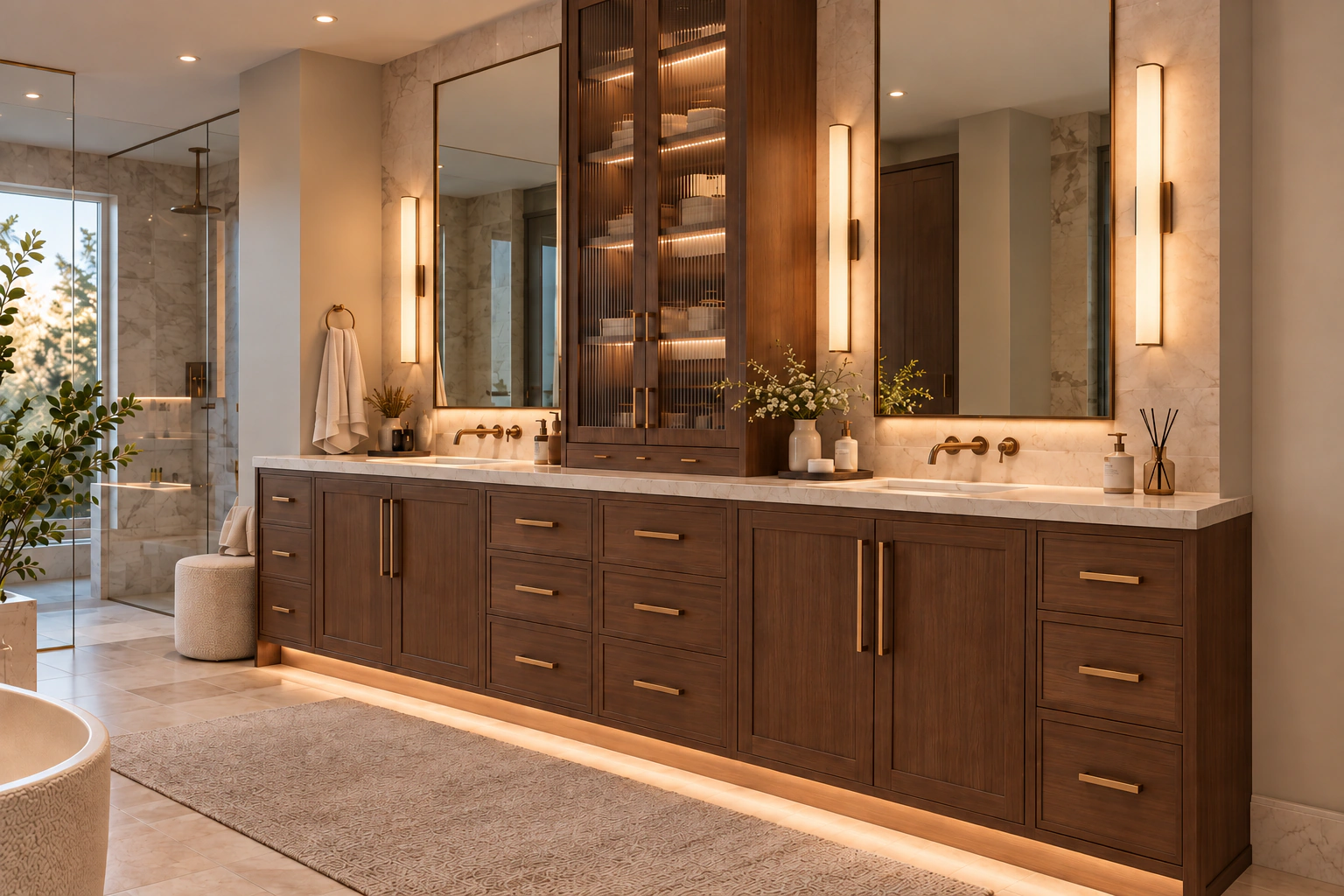 Custom walnut double vanity and ensuite cabinetry