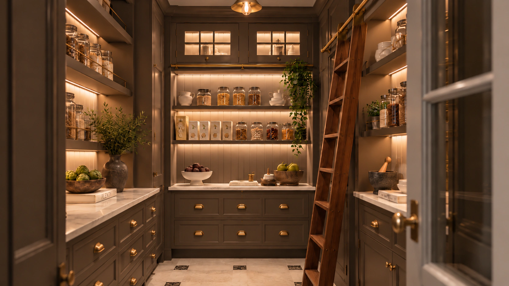 Custom painted pantry with open shelving, cabinetry and rolling ladder