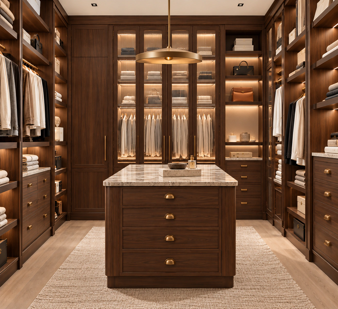 Custom walnut walk-in closet and dressing room with integrated cabinetry