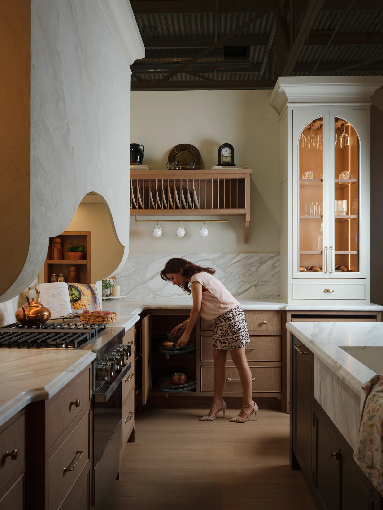 Arched hutch with recessed lighting and a solid-wood plate rack